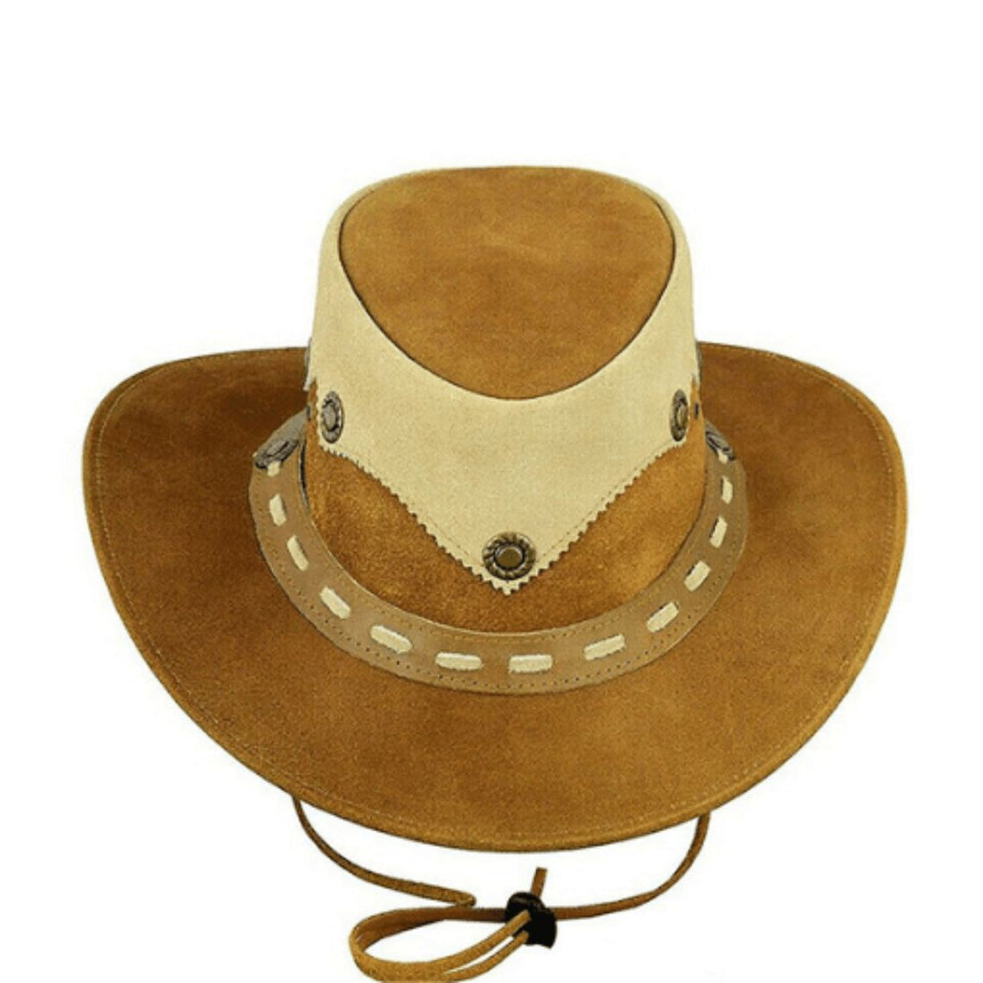 Mens Leather Cowboy Hat Outback Style Front View with Tan and Cream Two-Tone Leather Design