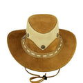 Mens Leather Cowboy Hat Outback Style Front View with Tan and Cream Two-Tone Leather Design