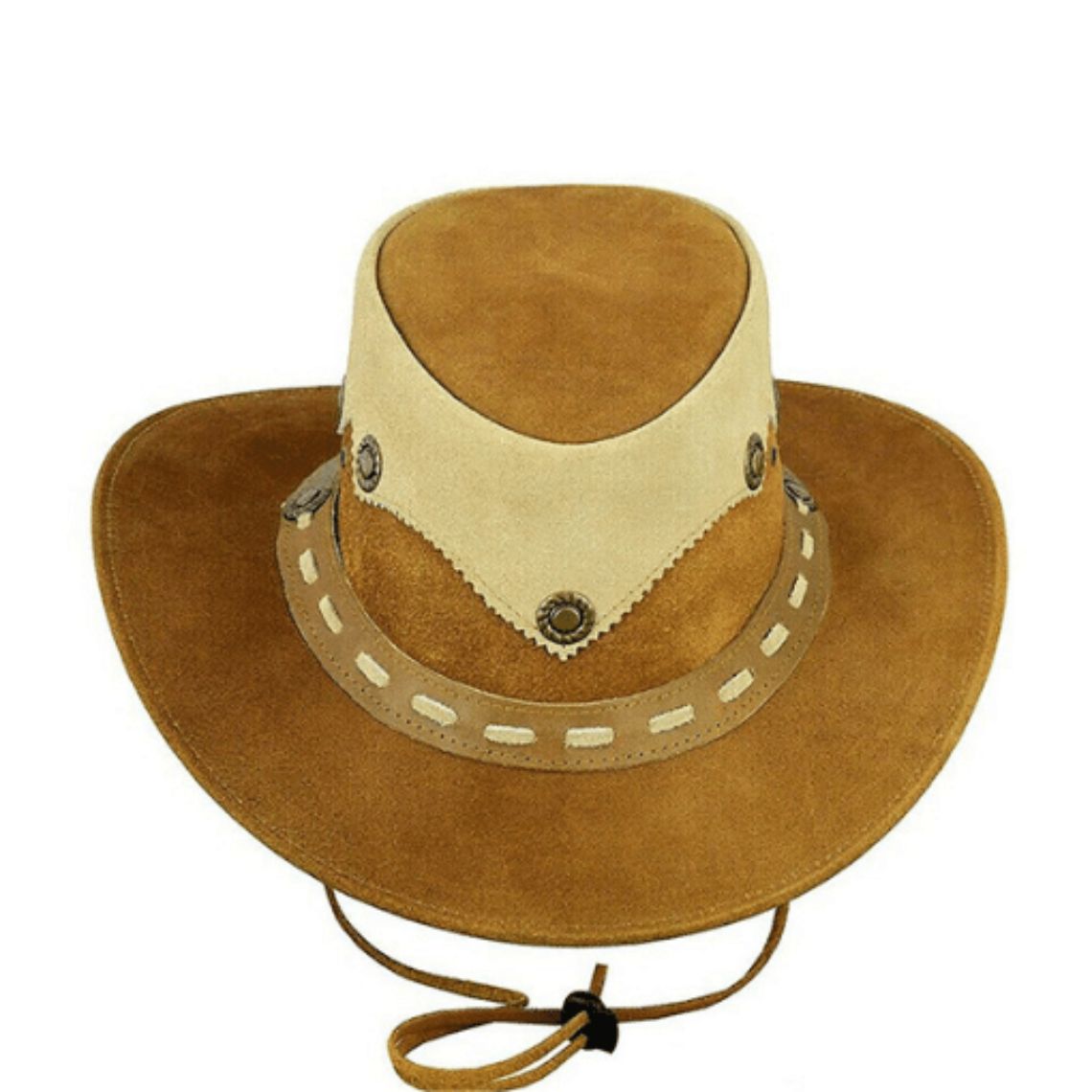 Mens Leather Cowboy Hat Outback Style Front View with Tan and Cream Two-Tone Leather Design