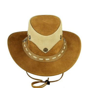 Mens Leather Cowboy Hat Outback Style Front View with Tan and Cream Two-Tone Leather Design