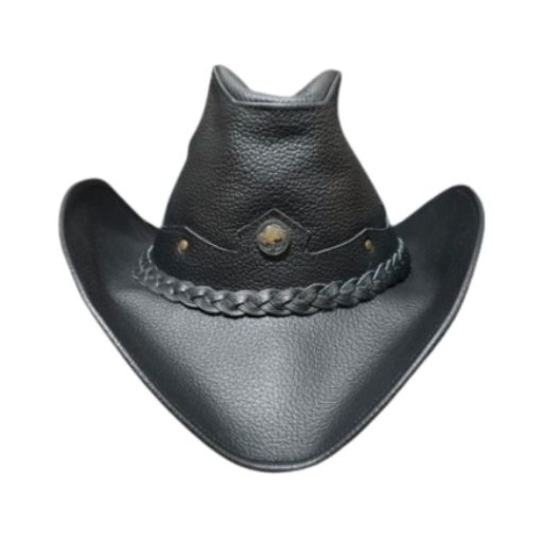 Mens Black Leather Cowboy Hat Frontier Rider Edition front view with braided leather hatband