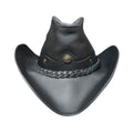 Mens Black Leather Cowboy Hat Frontier Rider Edition front view with braided leather hatband
