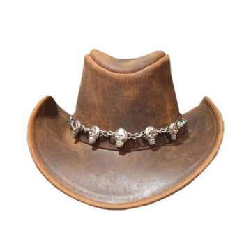 Mens Leather Cowboy Hat Authentic Ranch Front View with Distressed Brown Finish and Skull Chain Hatband