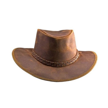 Front view of mens distressed brown leather outback cowboy hat with braided leather hatband and wide brim.