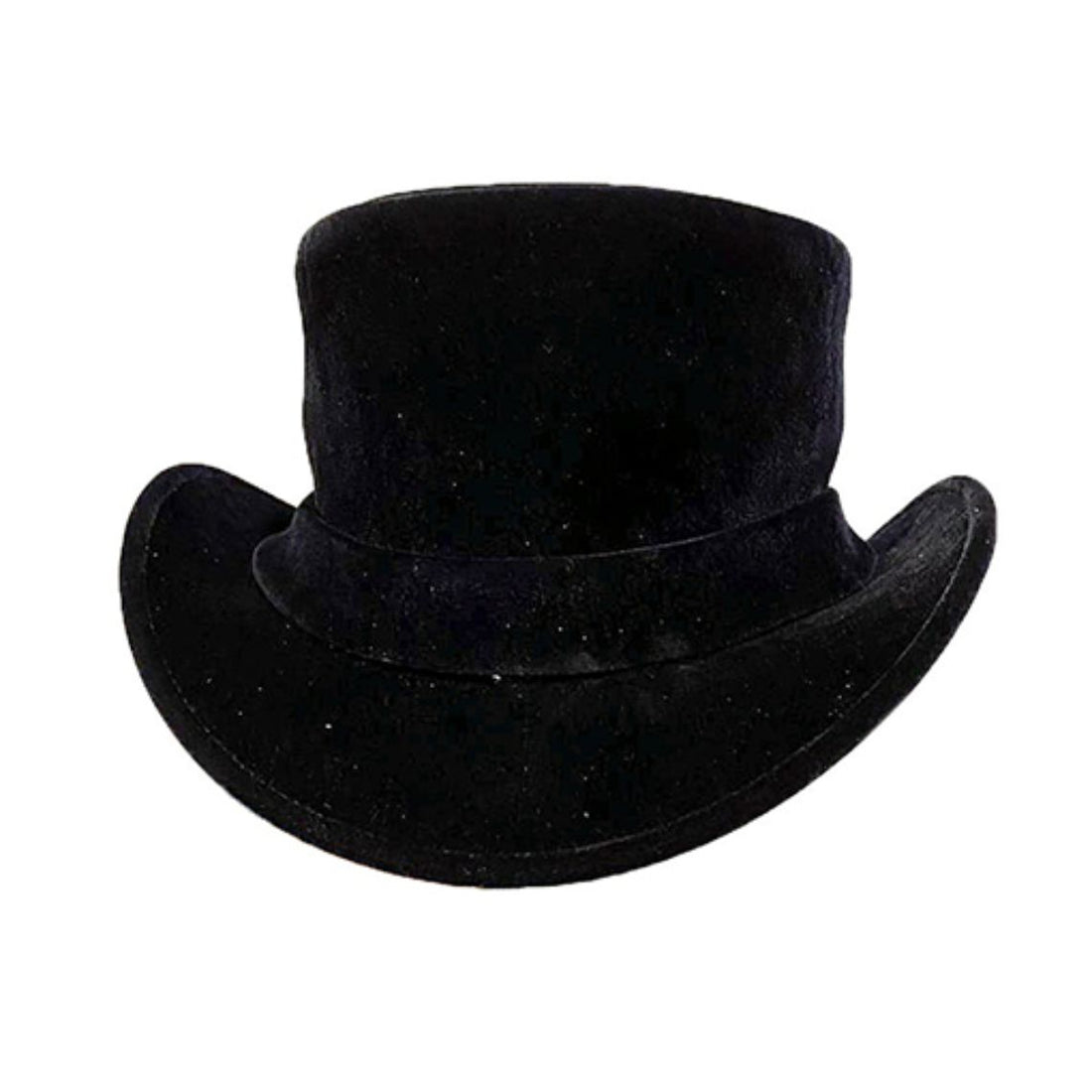 Front view of handcrafted black leather western top hat featuring a tall crown and classic curved brim.