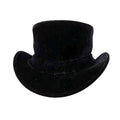 Front angled view of a vintage black leather western top hat with curved cowboy brim and leather hatband.