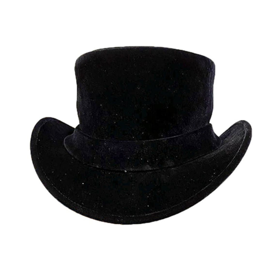 Front angled view of a vintage black leather western top hat with curved cowboy brim and leather hatband.