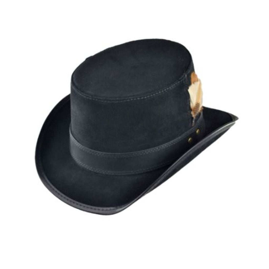 Front view of black leather steampunk top hat displaying structured crown and premium handcrafted construction.