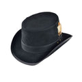 Angled view of black leather steampunk top hat featuring decorative feather accent and matching leather hatband.