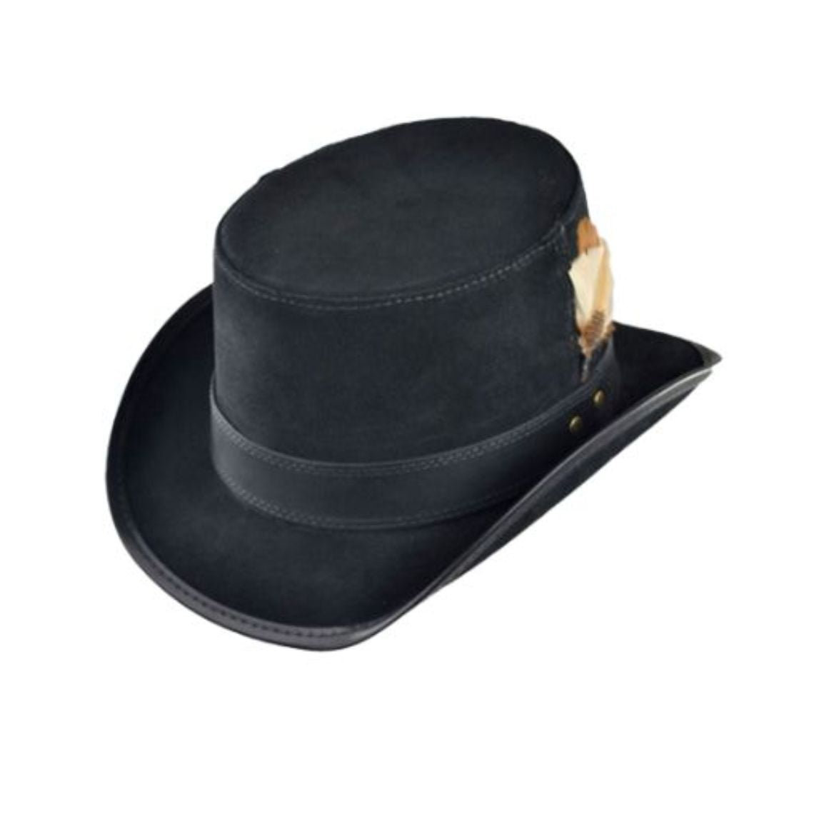 Angled view of black leather steampunk top hat featuring decorative feather accent and matching leather hatband.