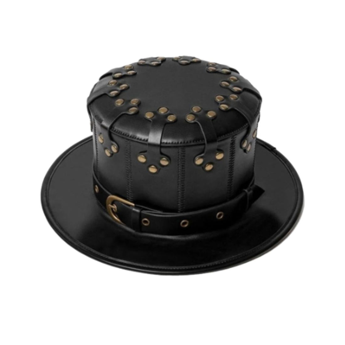 Front view of black leather steampunk top hat featuring decorative rivets and adjustable buckle band.