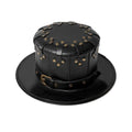 Front view of black leather steampunk top hat featuring decorative rivets and adjustable buckle band.