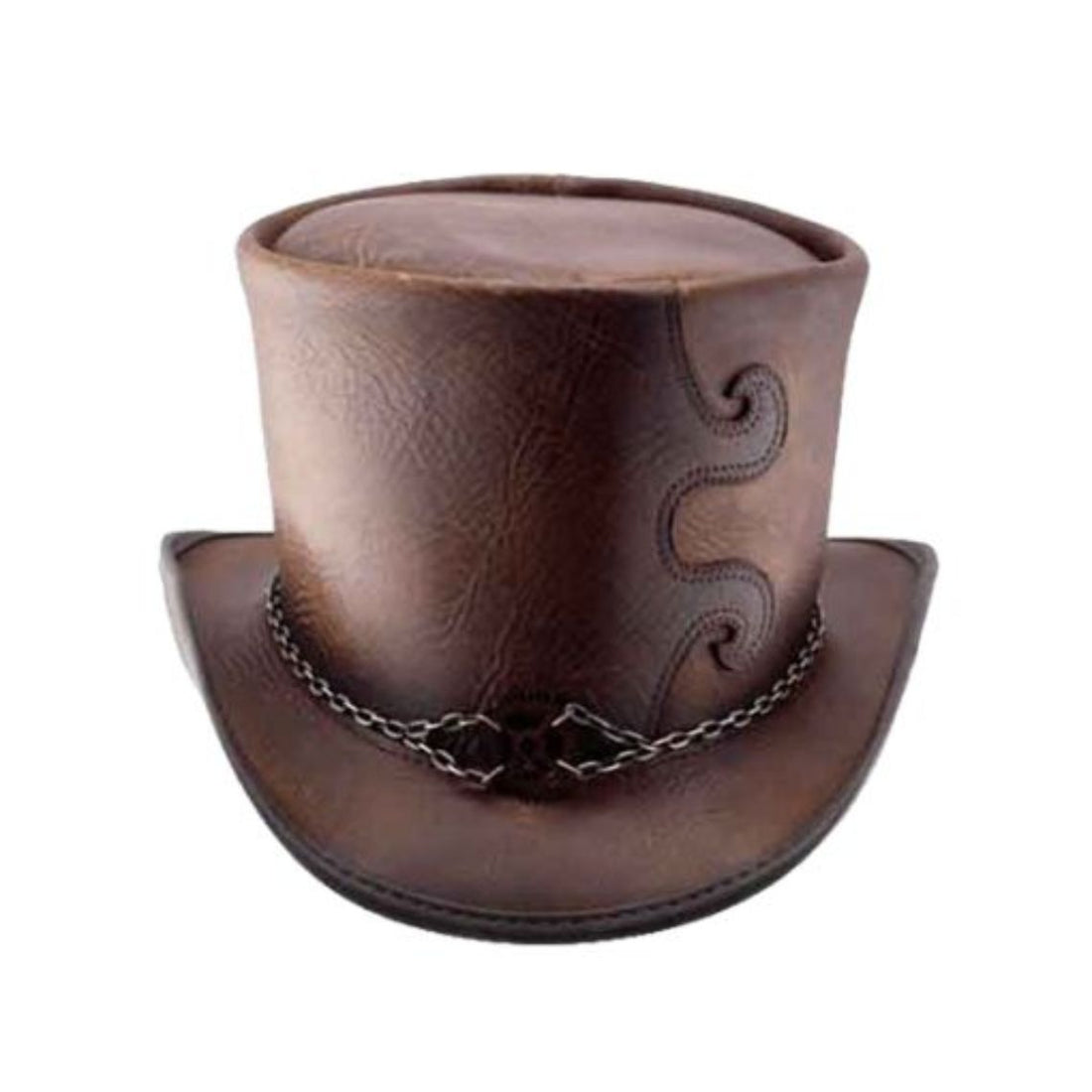 Front view of mens brown leather steampunk top hat with decorative chain hatband and embossed scroll detailing.