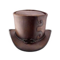 Front view of mens brown leather steampunk top hat with decorative chain hatband and embossed scroll detailing.