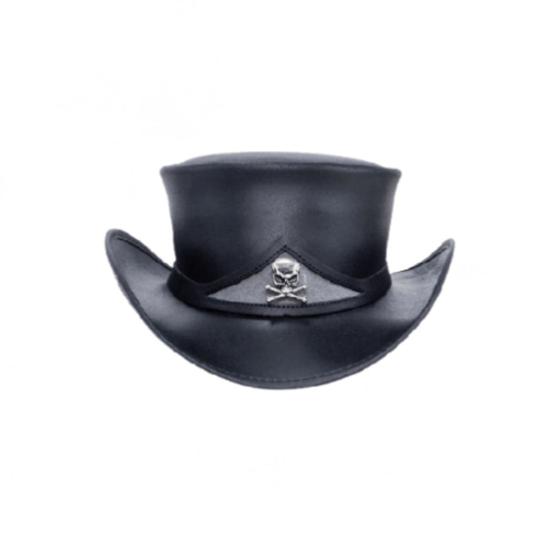 Front view of black gothic leather top hat with metallic skull and crossbones emblem on the hatband.