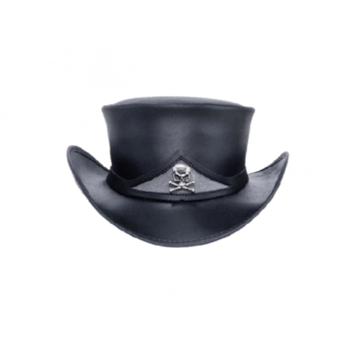 Front view of black gothic leather top hat with metallic skull and crossbones emblem on the hatband.