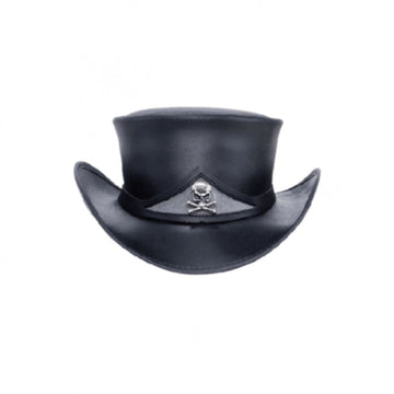 Front view of black gothic leather top hat with metallic skull and crossbones emblem on the hatband.