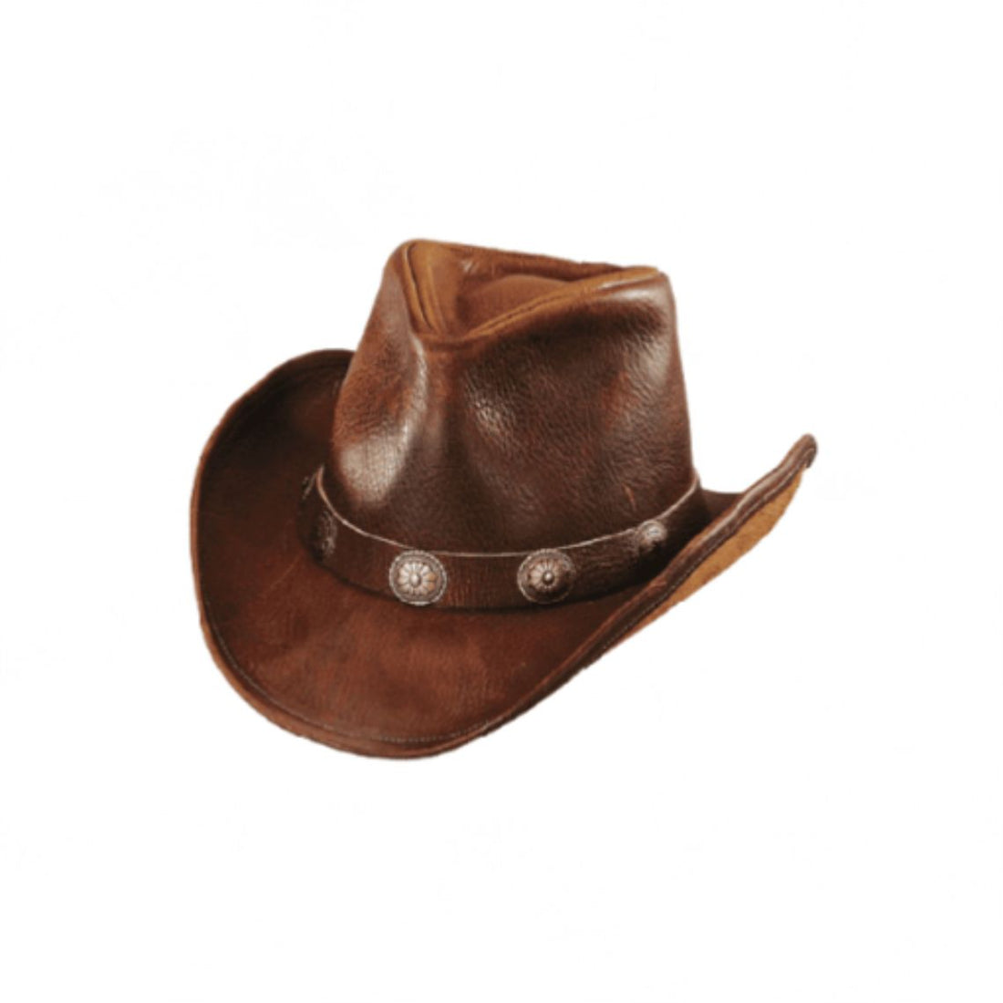 Mens distressed brown leather cowboy hat with vintage concho hatband front angled view showing classic western design