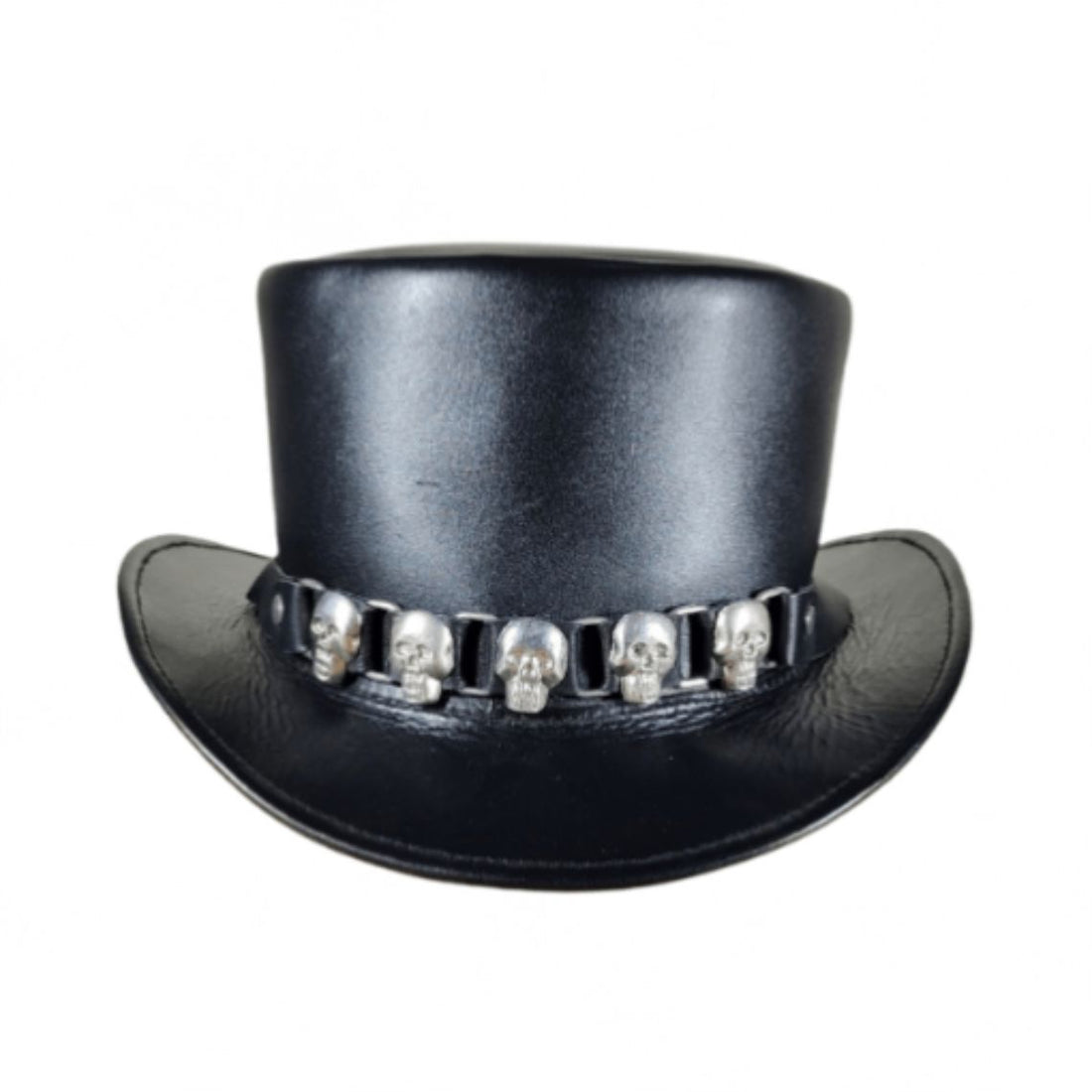 Front view of black leather gothic top hat with decorative silver skull accents and Victorian-inspired silhouette.