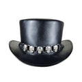 Front view of black leather gothic top hat with decorative silver skull accents and Victorian-inspired silhouette.