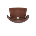 Front view of brown leather steampunk top hat with decorative silver concho hatband accents.