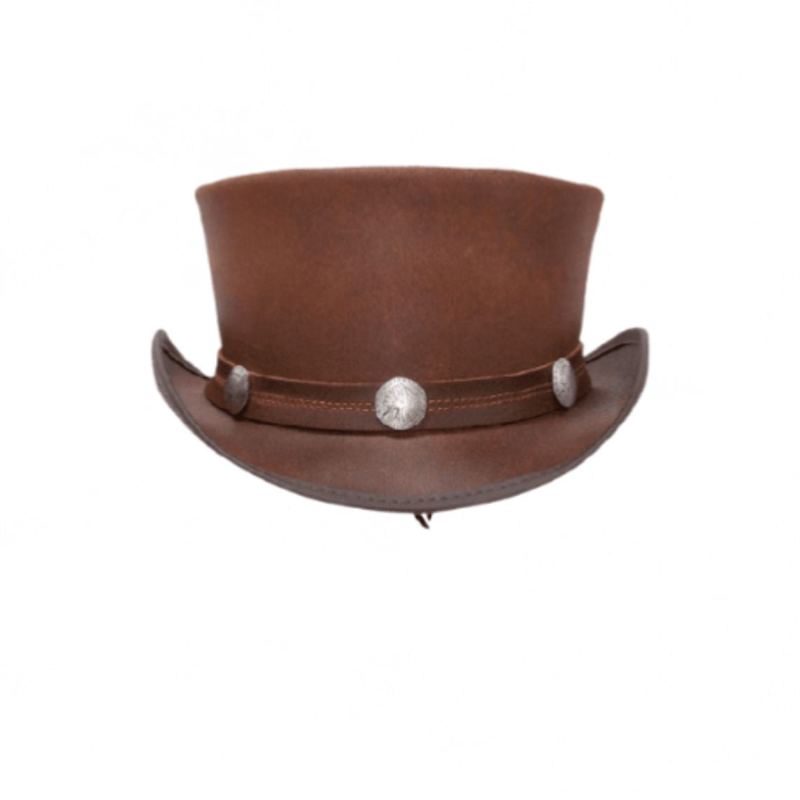 Front view of brown leather steampunk top hat with decorative silver concho hatband accents.