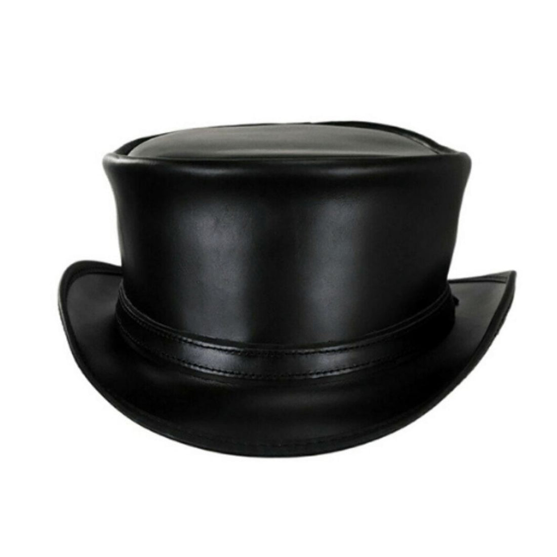Front view of classic black leather steampunk top hat with matching leather hatband and curved brim.