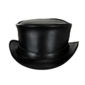Front view of classic black leather steampunk top hat with matching leather hatband and curved brim.