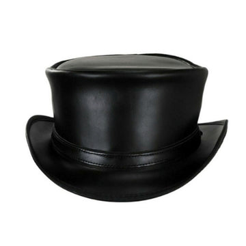 Front view of classic black leather steampunk top hat with matching leather hatband and curved brim.