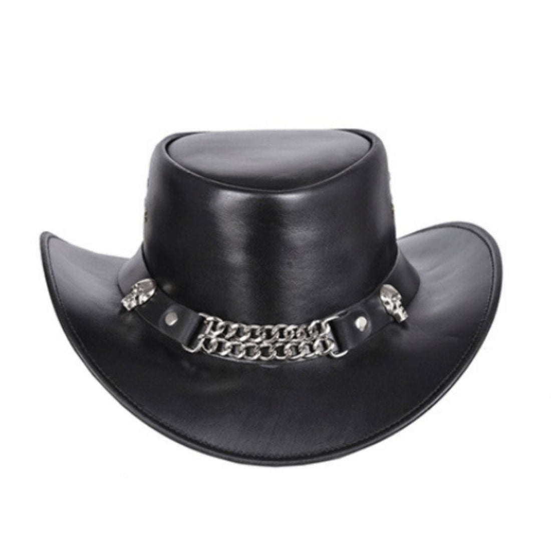 Mens Leather Cowboy Hat Skull Chain Band Front View in Premium Black Leather