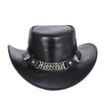 Mens Leather Cowboy Hat Skull Chain Band Front View in Premium Black Leather