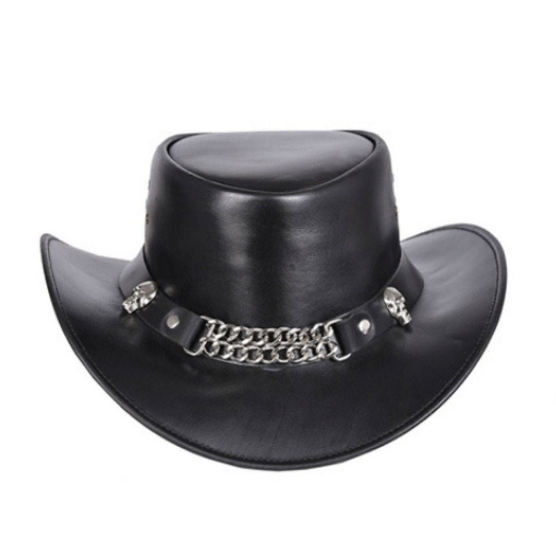Mens Leather Cowboy Hat Skull Chain Band Front View in Premium Black Leather