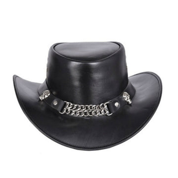 Mens Leather Cowboy Hat Skull Chain Band Front View in Premium Black Leather