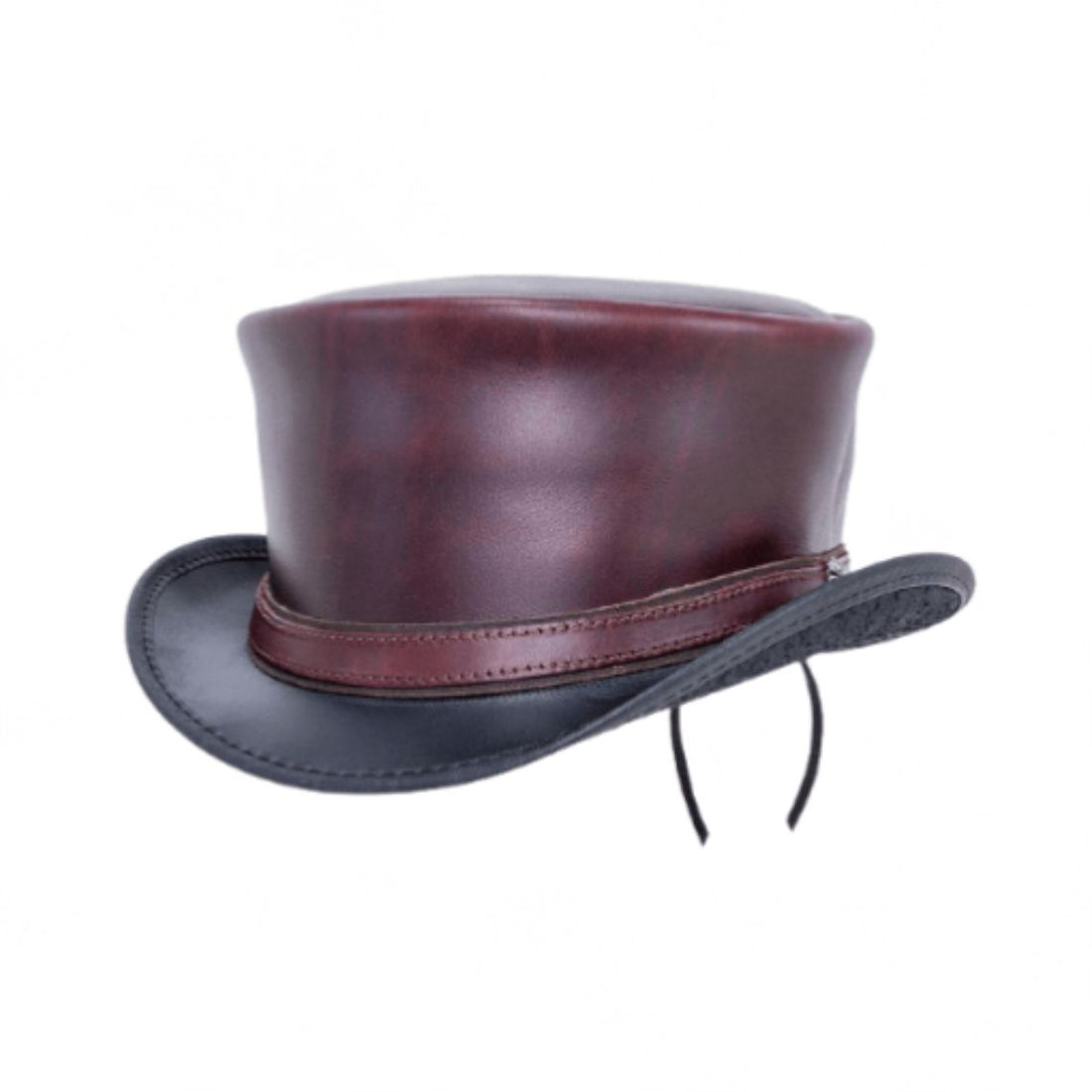 Front angled view of burgundy leather steampunk top hat with black curved brim and matching leather hatband.