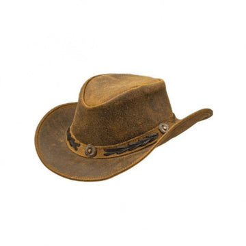 Mens Distressed Leather Cowboy Hat Vintage Outback Side View in Antique Brown Leather