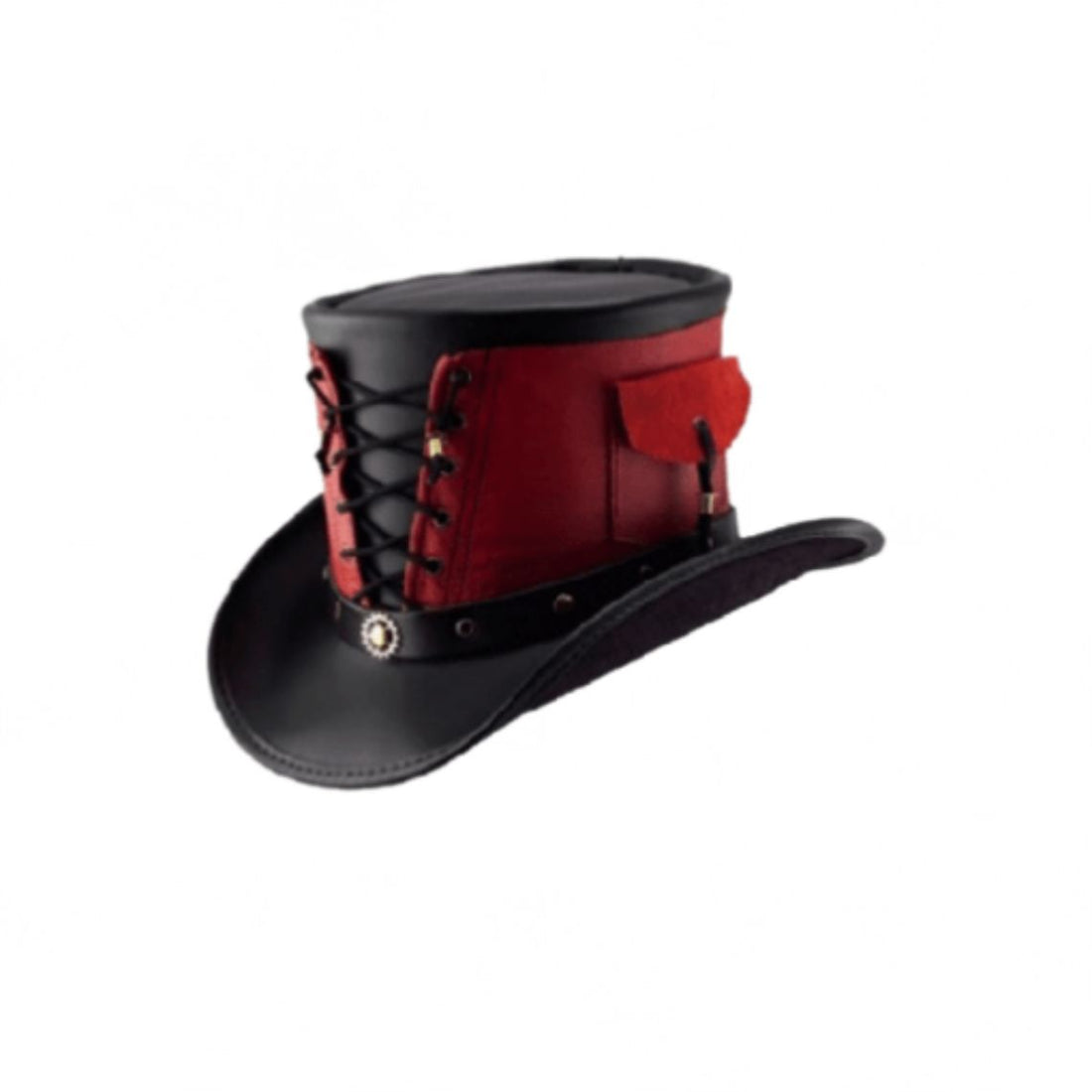 Front angled view of a red and black leather steampunk top hat with lace-up detailing and side utility pocket.