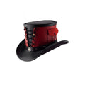 Front angled view of a red and black leather steampunk top hat with lace-up detailing and side utility pocket.