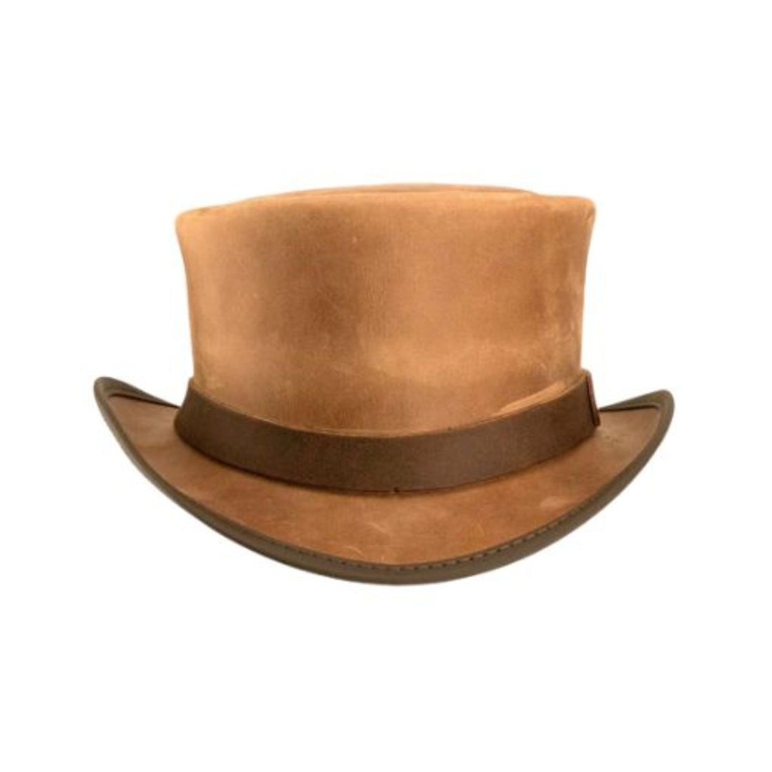 Front view of tan leather steampunk top hat with dark brown leather hatband and curved brim.