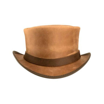 Front view of tan leather steampunk top hat with dark brown leather hatband and curved brim.
