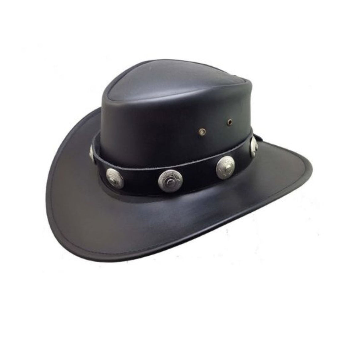 Mens Black Leather Outback Cowboy Hat with silver concho hatband front angled view