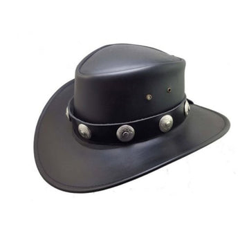 Mens Black Leather Outback Cowboy Hat with silver concho hatband front angled view