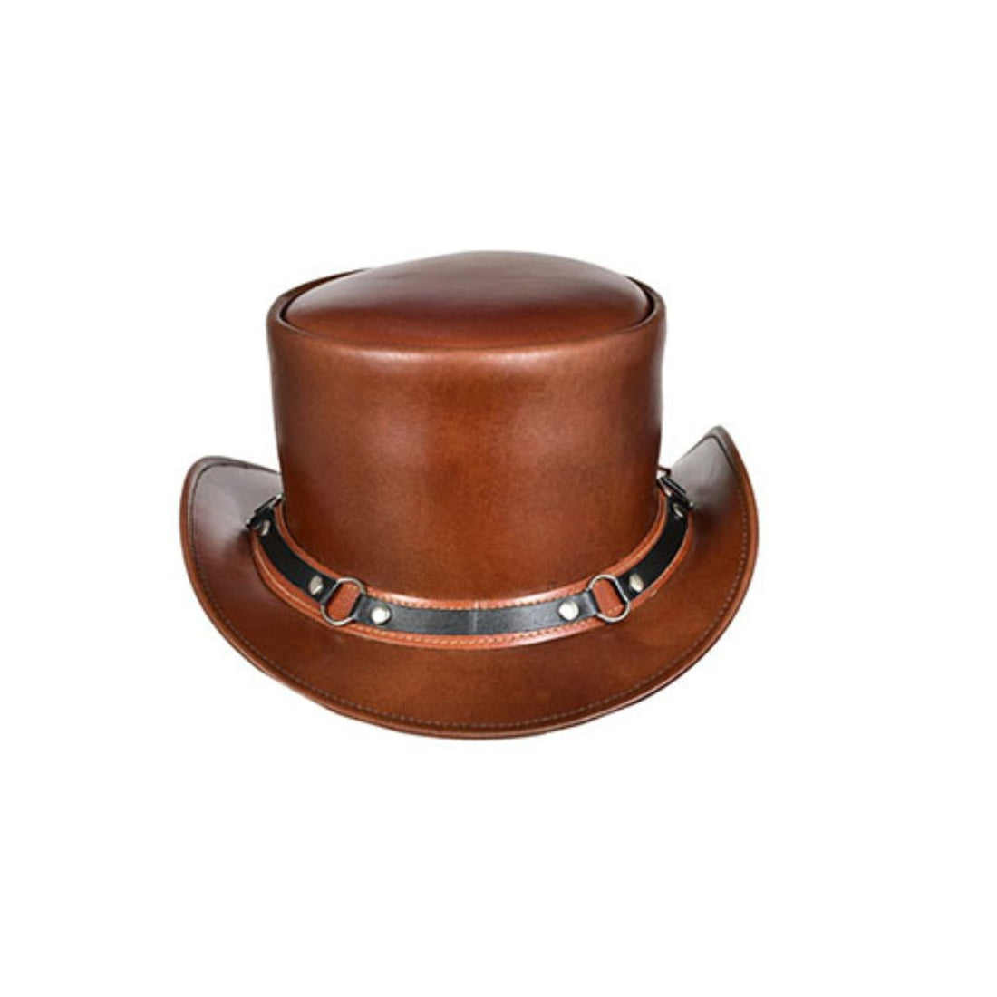 Front view of brown leather steampunk top hat with decorative riveted band and metal ring accents.