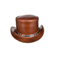 Front view of brown leather steampunk top hat with decorative riveted band and metal ring accents.