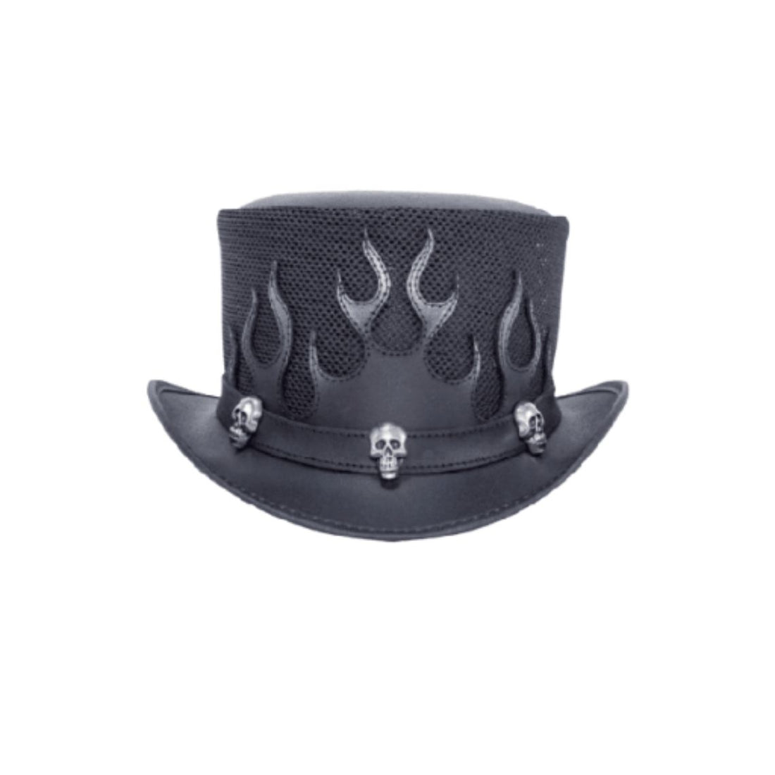 Front view of gothic black leather top hat featuring flame detailing and metallic skull stud accents.