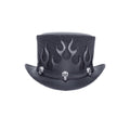 Front view of gothic black leather top hat featuring flame detailing and metallic skull stud accents.