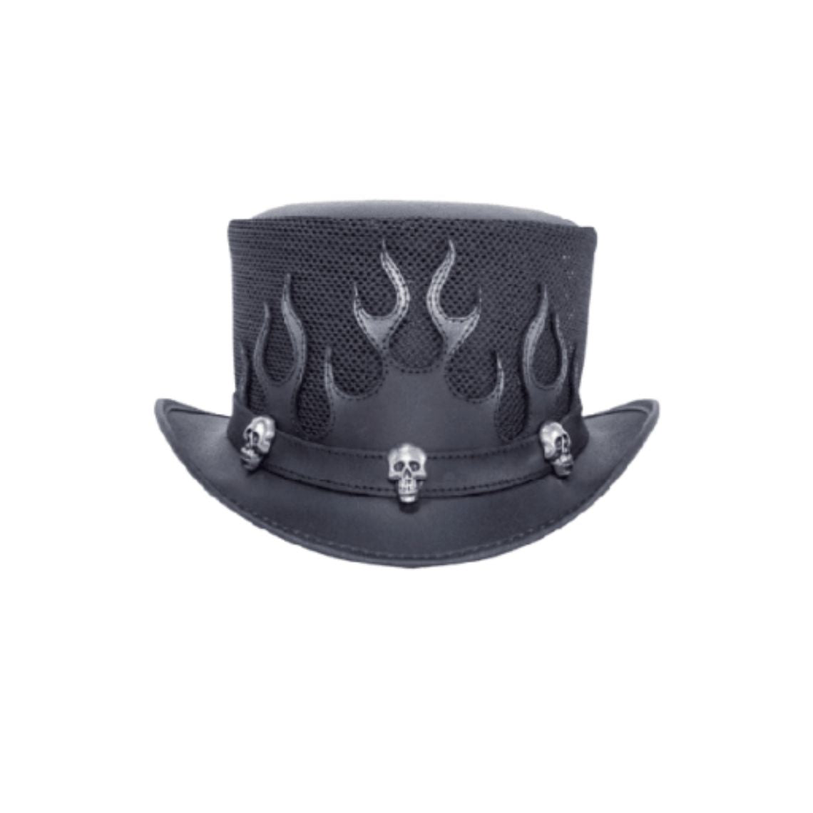 Front view of gothic black leather top hat featuring flame detailing and metallic skull stud accents.