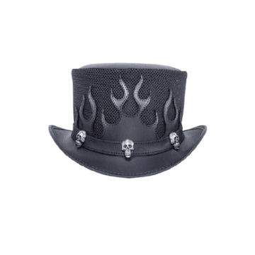 Front view of gothic black leather top hat featuring flame detailing and metallic skull stud accents.