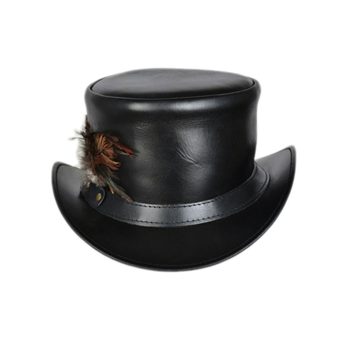 Side view of handcrafted black leather Victorian top hat with feather embellishment and leather hatband.
