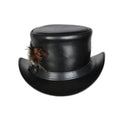 Front view of black leather top hat featuring decorative feather accent and curved brim.
