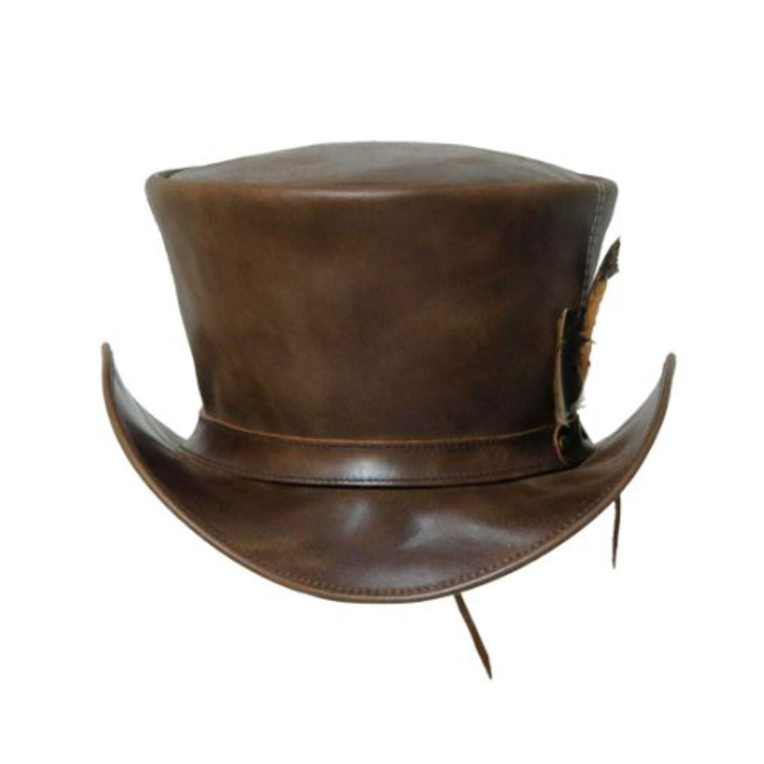 Front view of mens brown leather steampunk top hat with tall crown, curved brim, and feather accent.